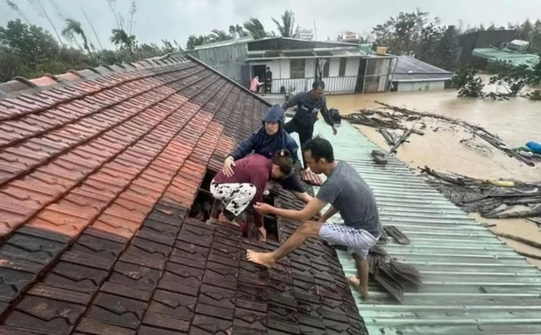 Người dân Quy Nhơn được đội cứu hộ dỡ mái nhà cứu ra ngoài. Ảnh: VGP.