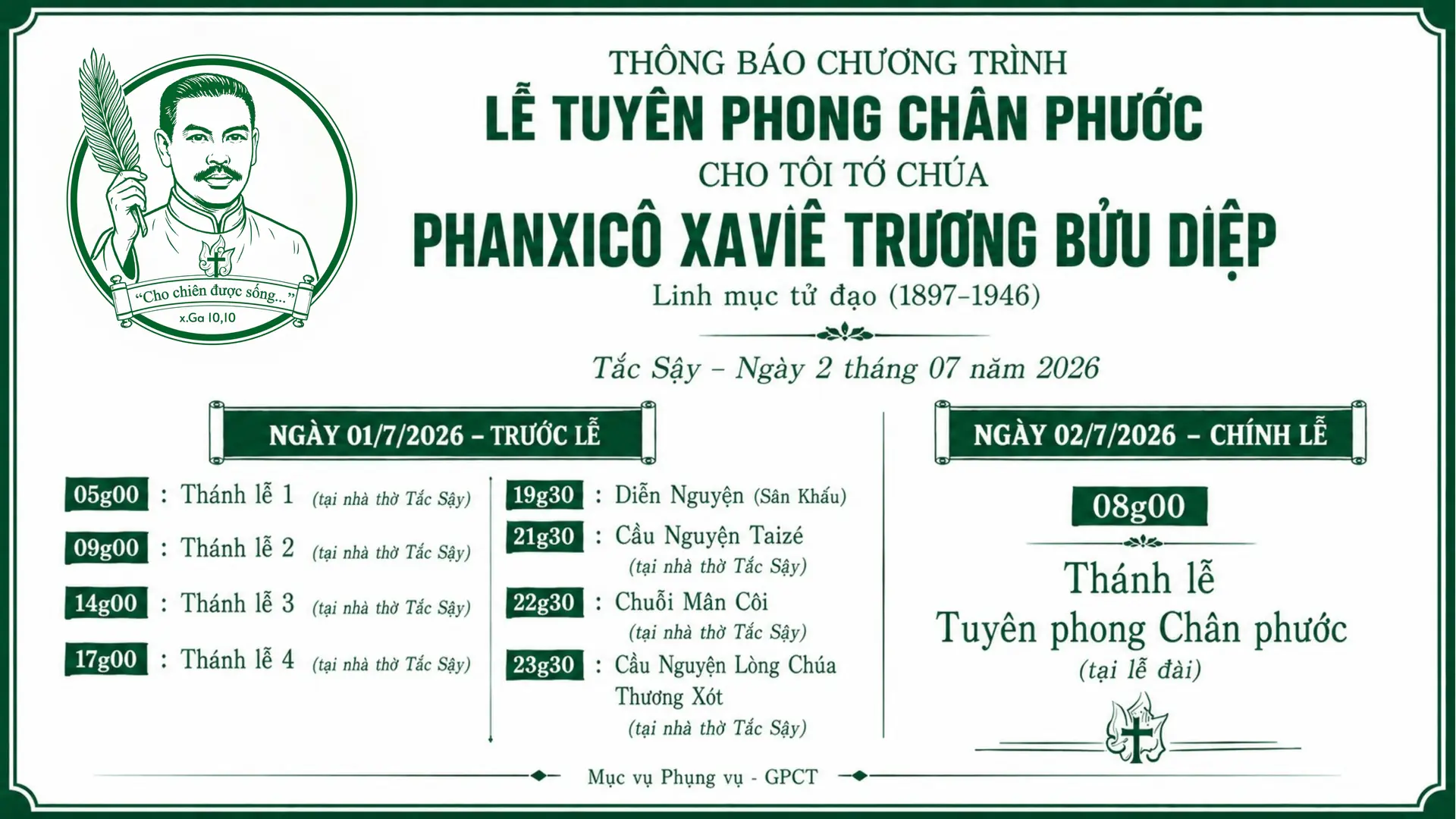 Chương Trình Lễ Tuyên Phong Chân Phước Cha Phanxicô Xaviê Trương Bửu Diệp